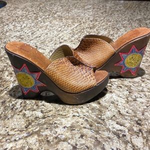 REPORT Signature Vintage Wood Wedge shoes. Worn once. Metal Sun on each heel.